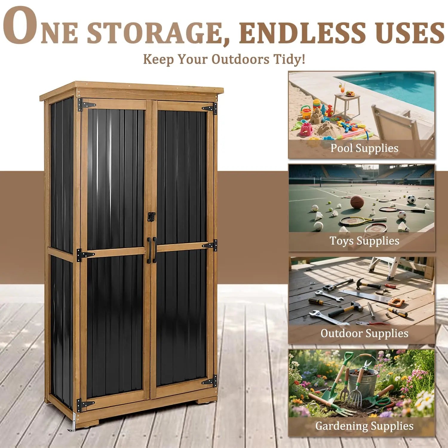 Outdoor Storage Cabinet, Wood & Metal Storage Shed with Weather-Resistant Roof, Removable Shelves, Lockable Doors, Customized