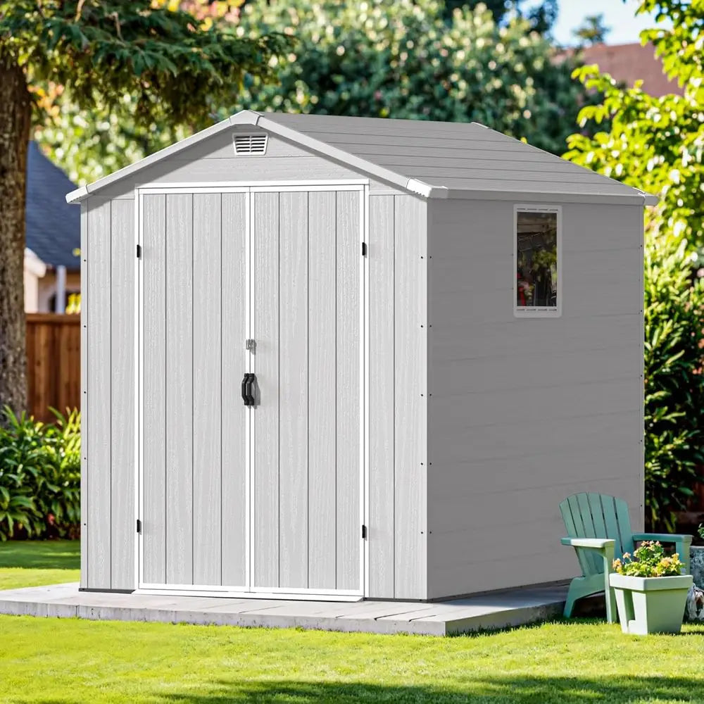 6x6 Outdoor Plastic Storage Shed with Lockable Door, Window, and Floor - Easy Assembly for Garden or Backyard, Light Gray